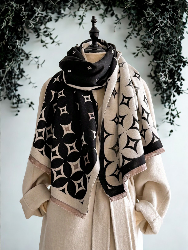 Scarf with geometric pattern draped over a mannequin against a decorative background