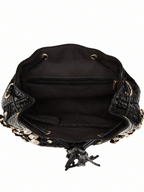 Black leather handbag with decorative studs on a white background