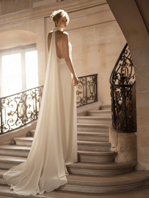 Woman in a white wedding dress standing on a staircase with elegant decor