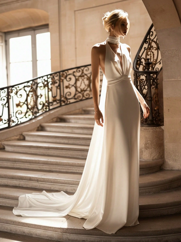 Woman in a white gown standing on a staircase with ornate railings.