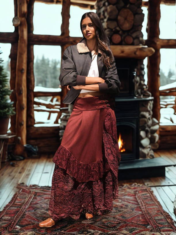 Woman in a rustic setting with a fireplace and wooden walls.