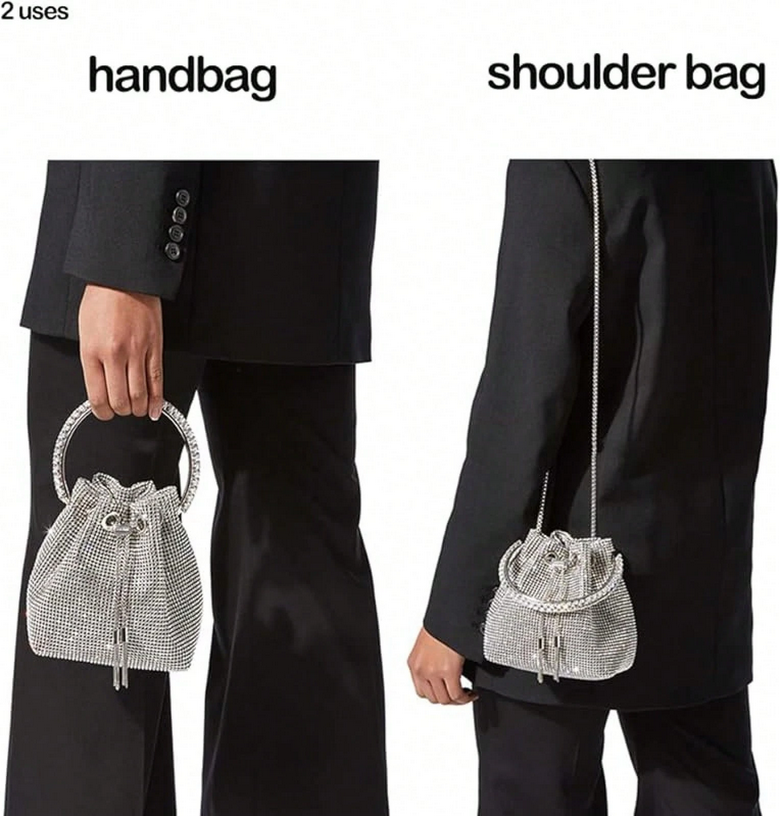 Silver handbag being used as a handbag and shoulder bag by a person in a black outfit.
