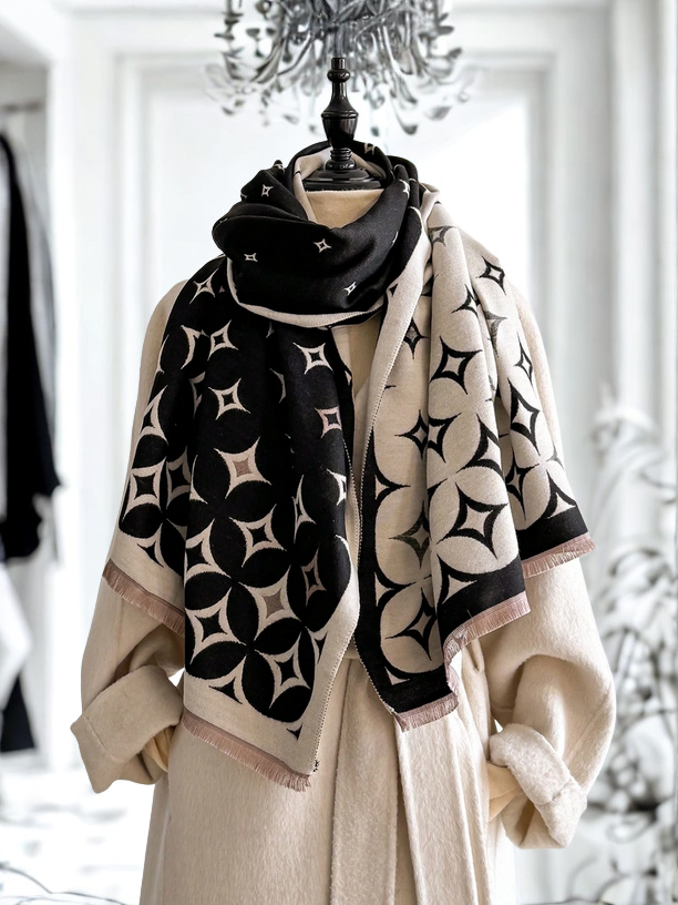 Black and white patterned scarf draped over a mannequin against a blurred indoor background
