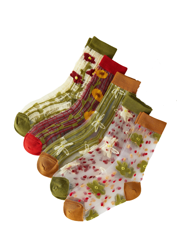 Three pairs of socks with floral patterns on a white background