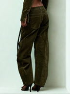 Person wearing olive green corduroy pants with a plain background